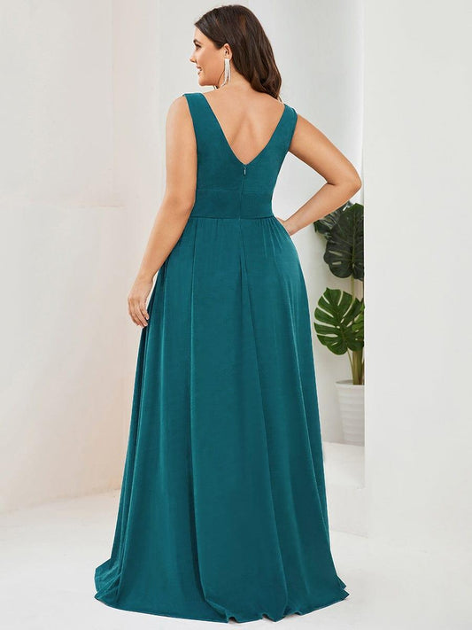 pretty SORAYA|Plus Size Sleeveless V-Neck Empire Waist High Slit Floor-Length Evening Dress