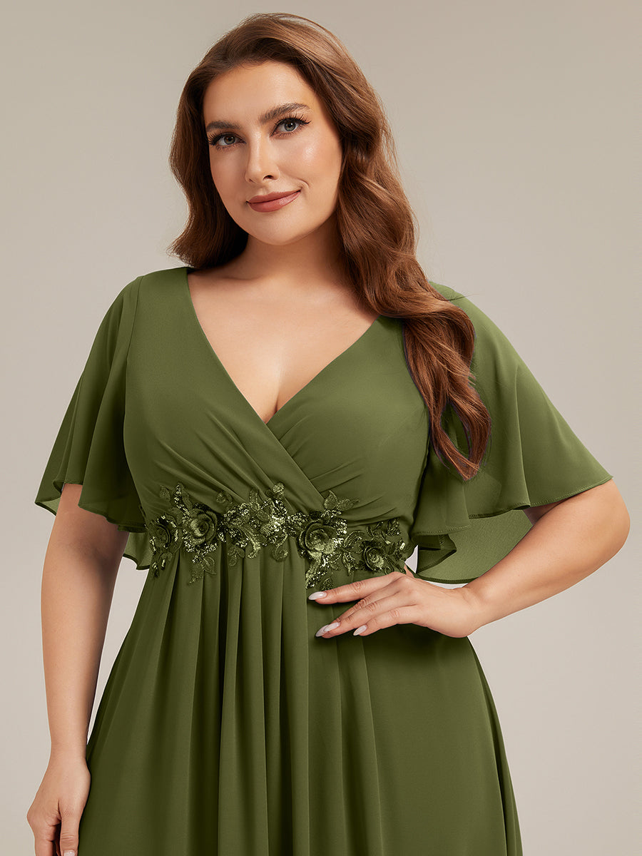 ever IVYROSE|Ruffles Sleeve A-Line Chiffon Waist Applique Maxi Wedding Guest Dress