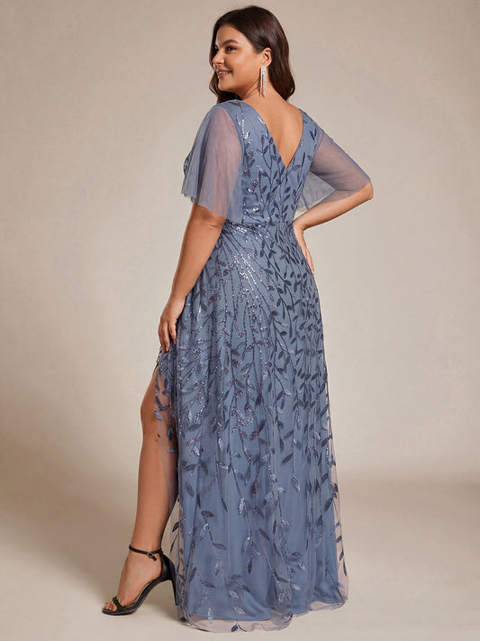pretty ALIX|Plus Size Short Sleeves Sequin High Low V-Neck Midi Formal Evening Dress