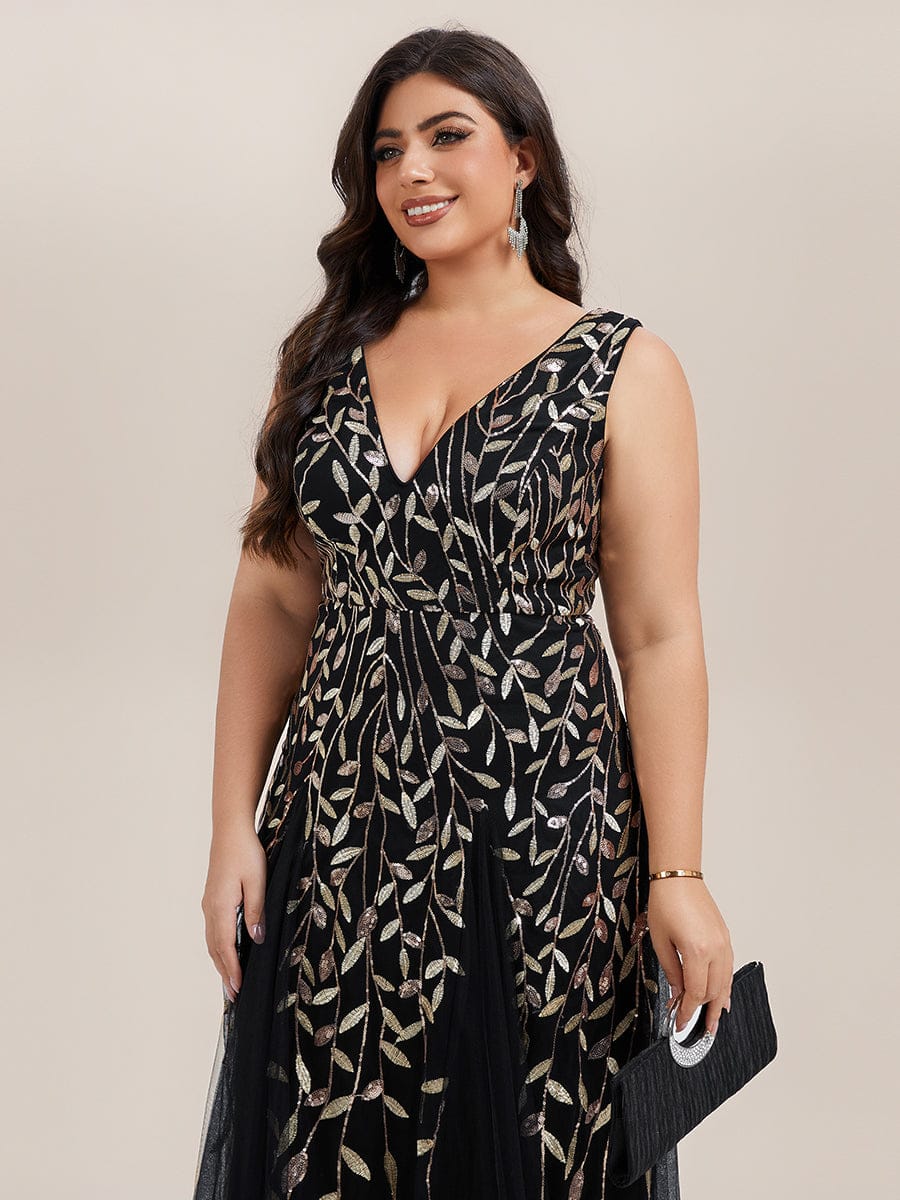 ever ZOEY|V-Neck Leaf Sequin Sleeveless A-Line Formal Evening Dress with Tulle