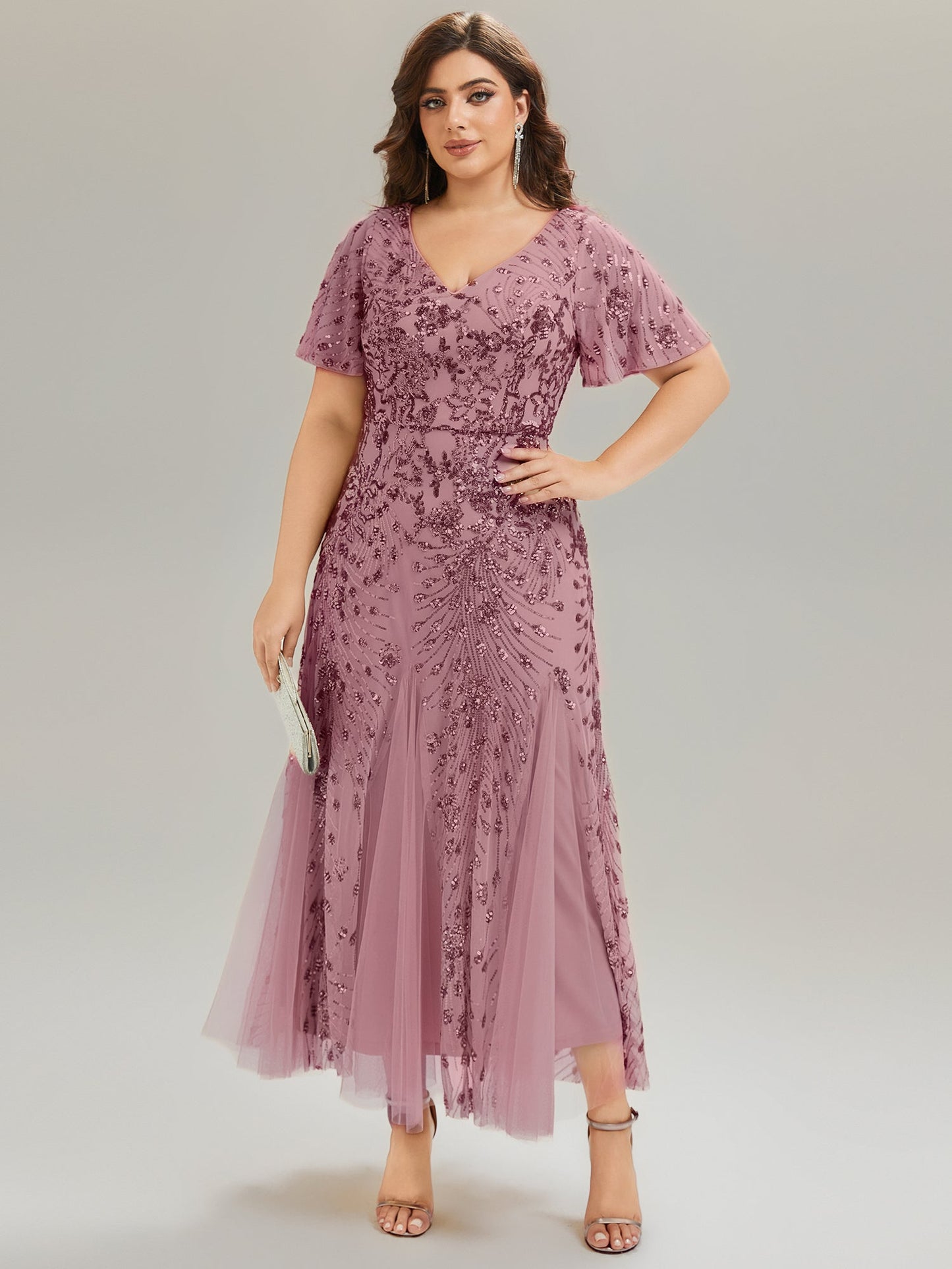 pretty ANNIKA|Plus Size Embroidered Sequin Ruffle Sleeve Formal Dress