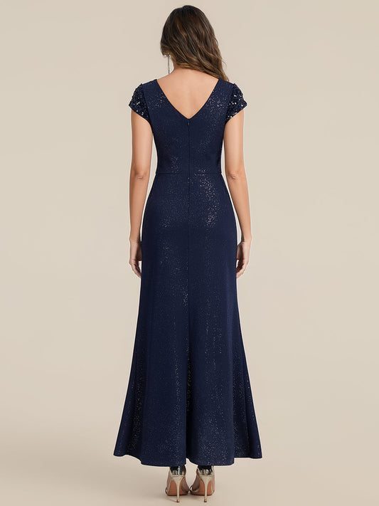 ever KAIA|Knotted Knit Cap Sleeve Maxi Glitter Evening Dress