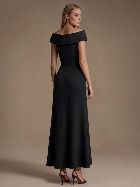 Ruffle Crepe Cap Sleeve Evening Dress