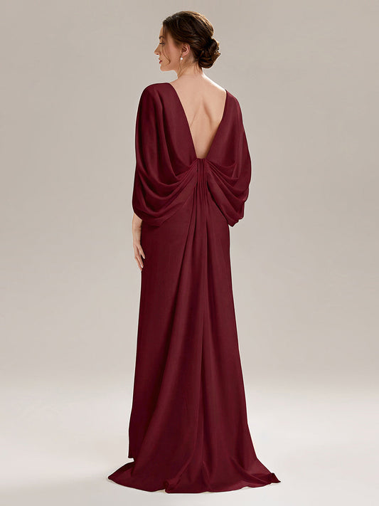 Tie-Front Knit Cape Sleeve Evening Dress