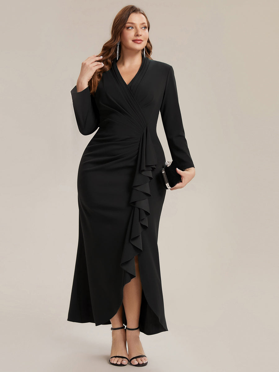 Ruffle Crepe Long Sleeve Evening Dress