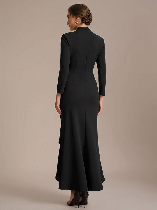 Ruffle Crepe Long Sleeve Evening Dress