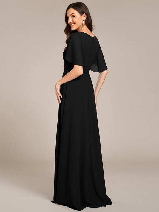 ever ASPYN|Short Sleeve Pleated Applique A-Line Floor-Length Formal Evening Dress
