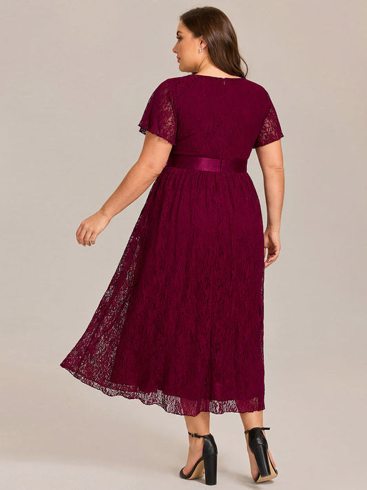 pretty SEVYN|Plus Size Lace Flutter Sleeves Round Neckline Midi Formal Dress