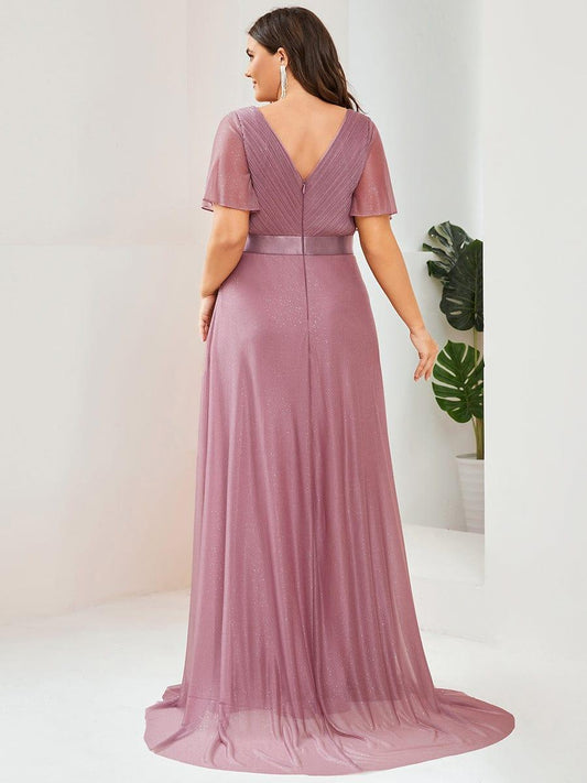 ever LIORÉ|Plus Size V Neck Ribbon Waist Formal Evening Dress With Sleeves
