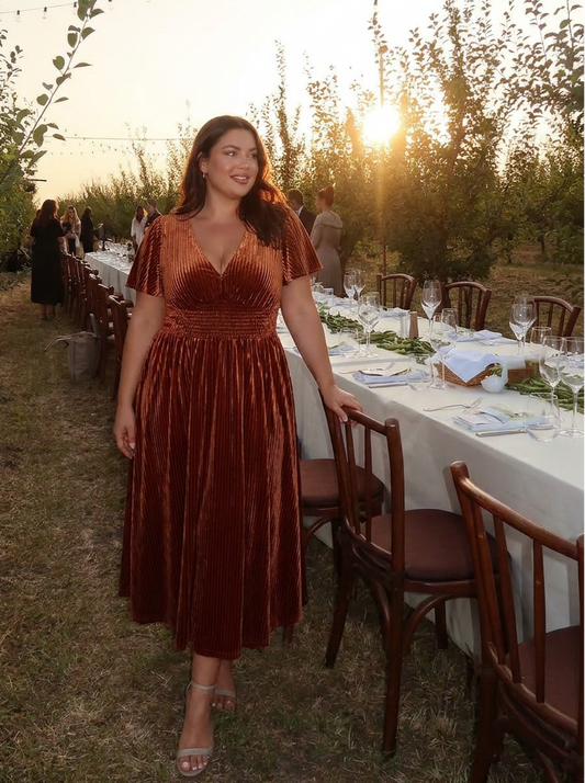 pretty AZALEA|Plus Size A-line V-Neck Short Sleeve Pleated Velvet Fall Wedding Guest Dress