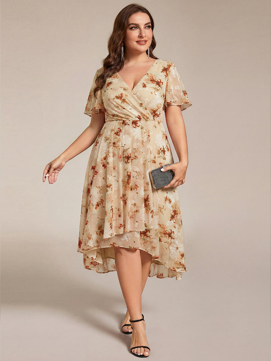 pretty LARK|Plus Size Chiffon Short Sleeves Pleated V-Neck A-Line Midi Wedding Guest Dress