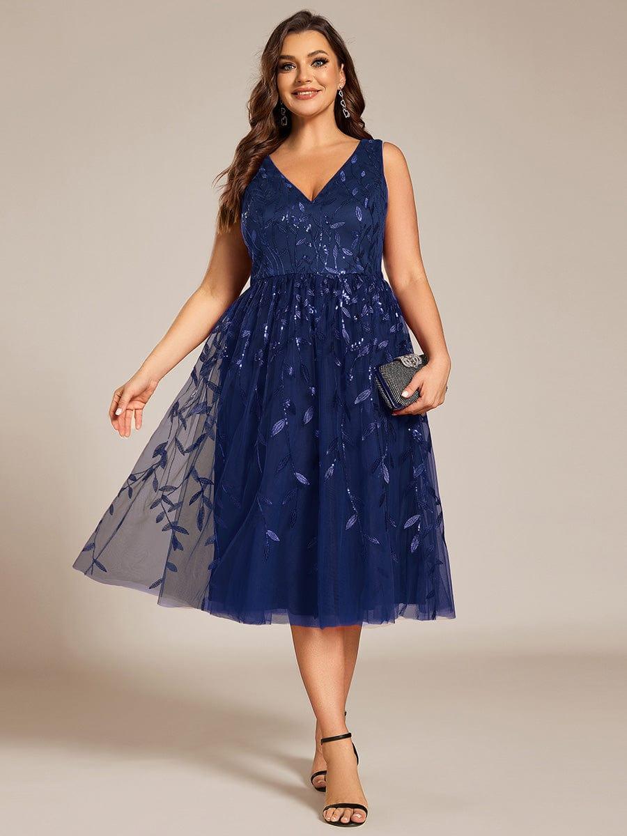 ever ROUX|V-Neck Leaf Sequined Sleeveless A-Line Midi Wedding Guest Dress