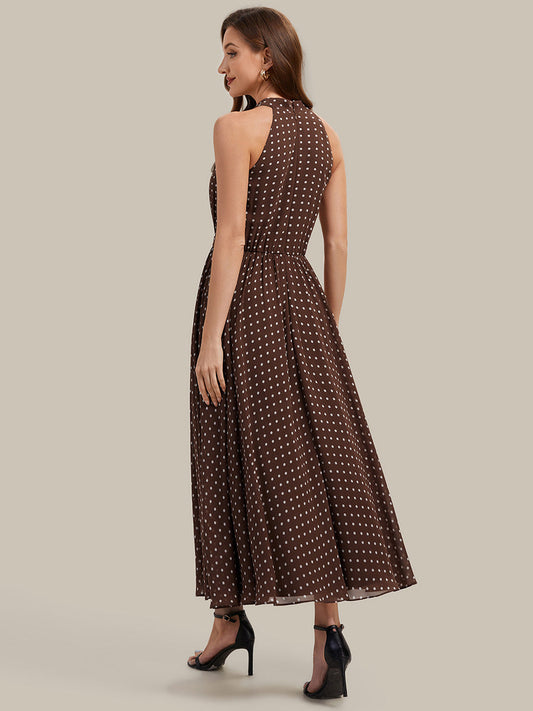 Polka Dots Pleated Chiffon Sleeveless Wedding Guest Dress