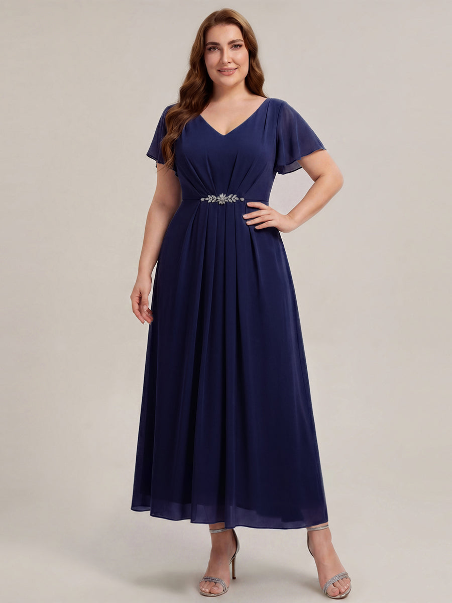 Rhinestone Embellished Chiffon Ruffle Sleeve Wedding Guest Dress