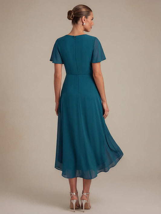 Knot Detail Chiffon Ruffle Sleeve Wedding Guest Dress