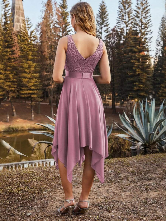 ever COSTA|Stunning V Neck Lace Dress with Asymmetrical Hems