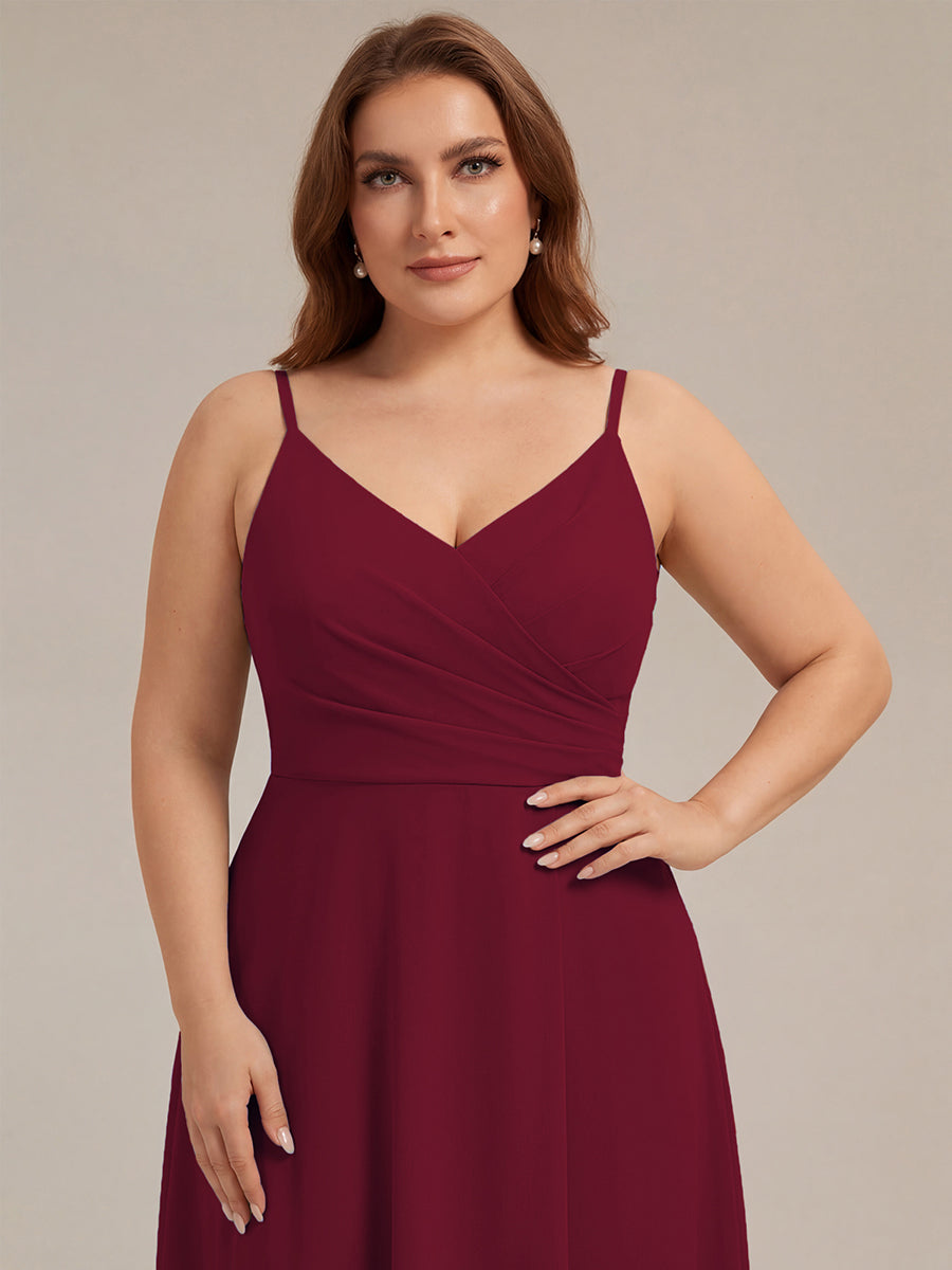 ever RENÉ |Pleated V-Neck Spaghetti Strap High Slit Bridesmaid Dress