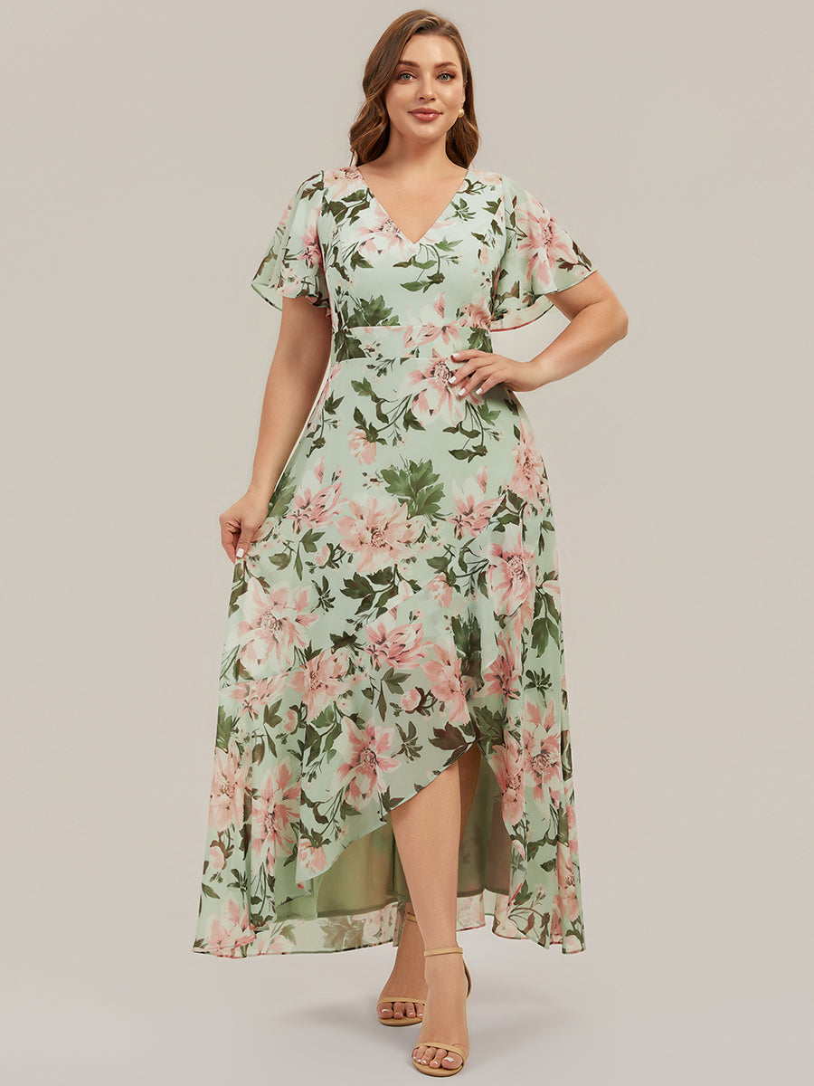 High Low Chiffon Ruffle Sleeve Bridesmaid Dress
