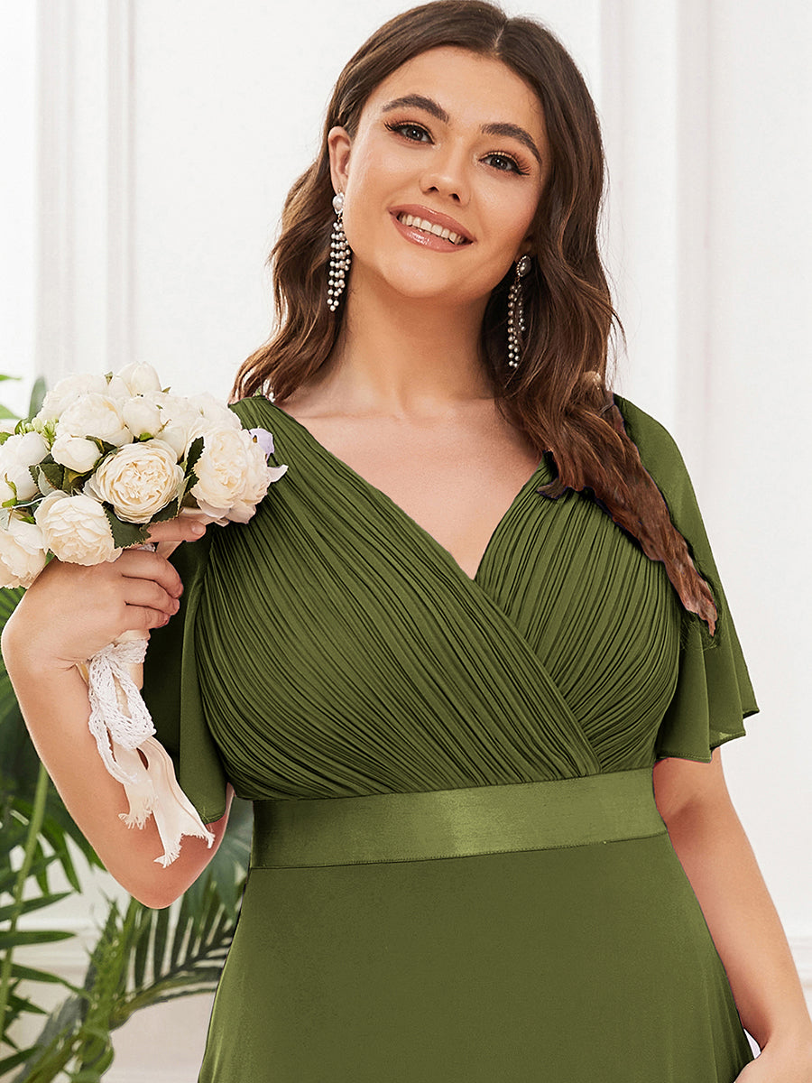 ever MONICA|Long Empire Waist Bridesmaid Dress with Short Flutter Sleeves