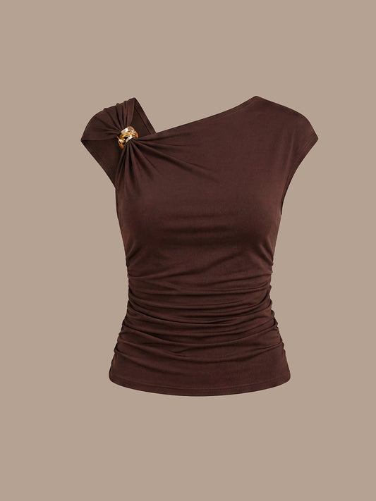 Knit Cap Sleeve Asymmetrical Neckline Tops
