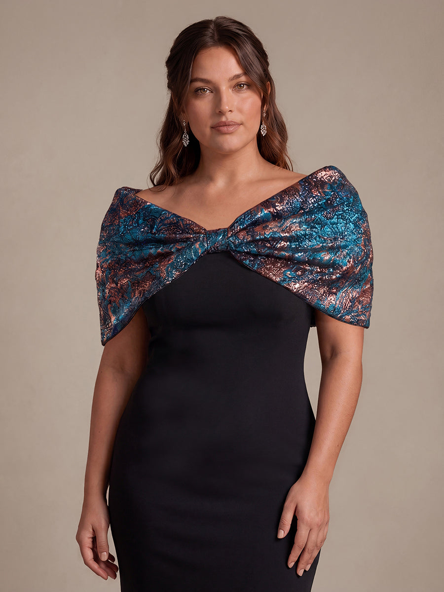 Knot Detail Jacquard Shawl Sleeve Evening Dress