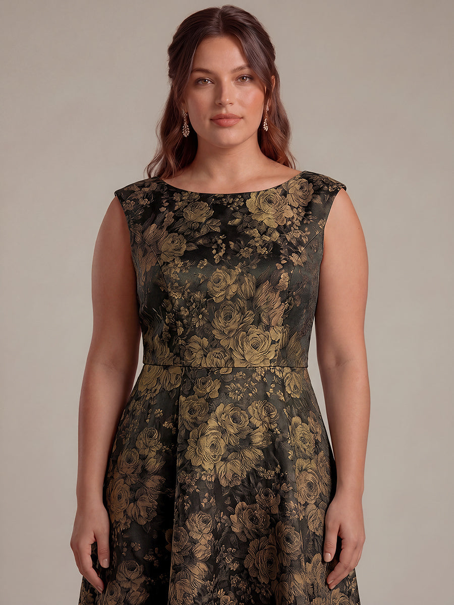 Floral Print Jacquard Cap Sleeve Wedding Guest Dress