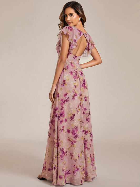 ever LILYANA|Ruffles Sleeve Back Cutout A-Line Maxi Chiffon Wedding Guest Dress