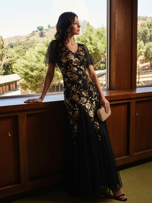 ever ORLA|Floral Embroidered Sequin Ruffle Sleeve Tulle Evening Dress