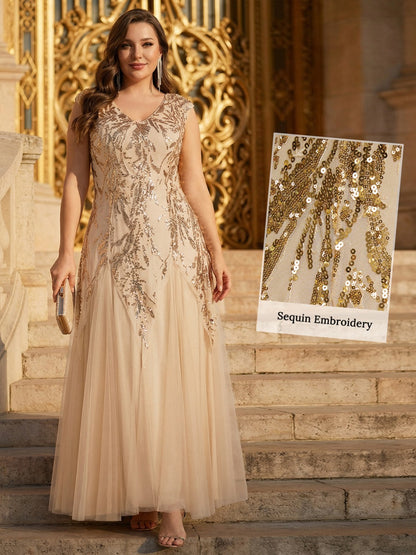 ever FREYA|Embroidered Sequin Cap Sleeve High Stretch Evening Dress