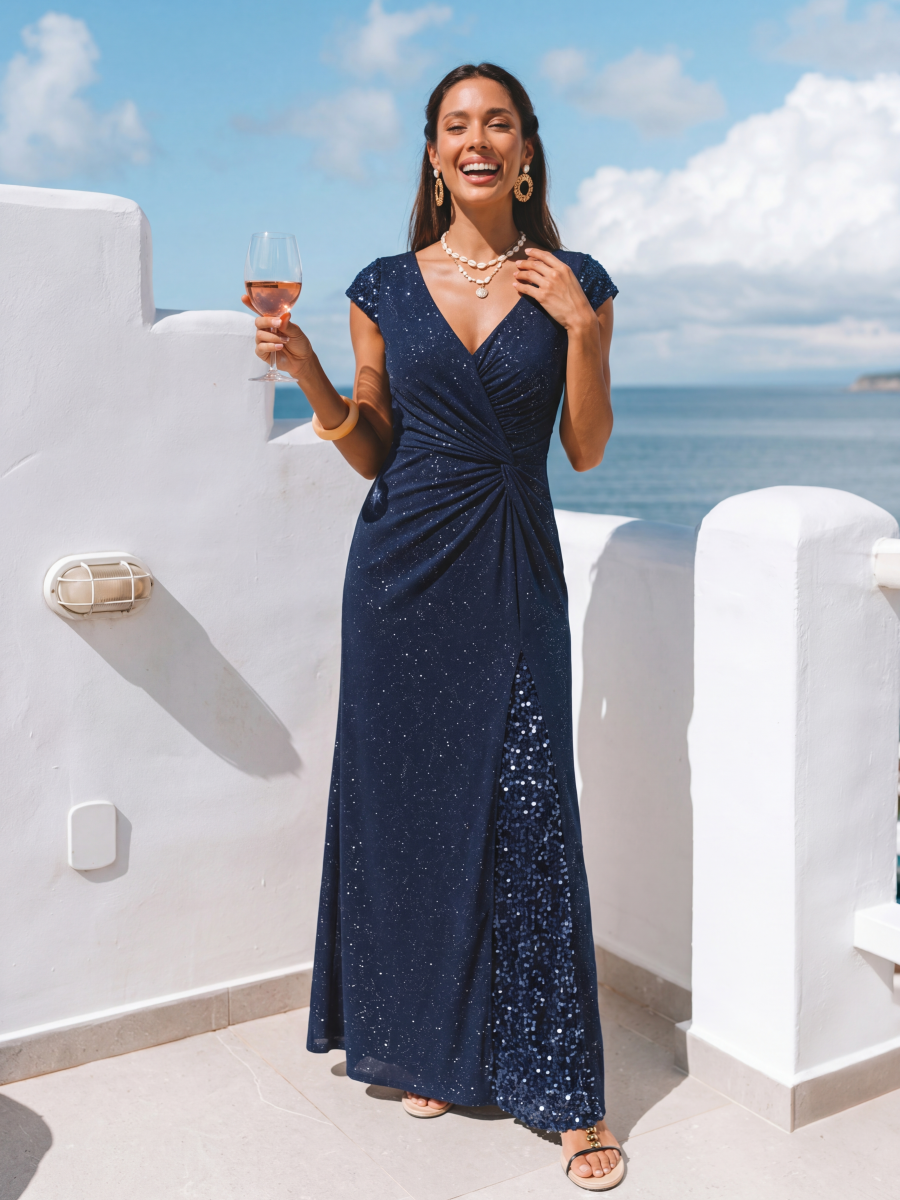 ever KAIA|Knotted Knit Cap Sleeve Maxi Glitter Evening Dress