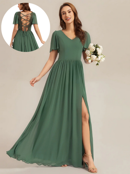 ever AMIRA|Tie-Up Chiffon Ruffle Sleeve Bridesmaid Dress
