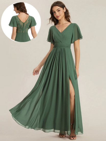 ever JESSLYN|Chiffon Ruffle Sleeve Back Embroidered Bridesmaid Dress