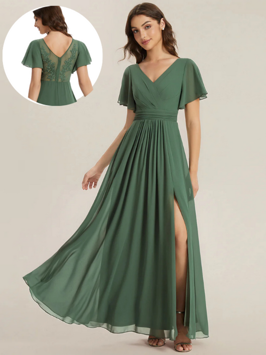 ever JESSLYN|Chiffon Ruffle Sleeve Back Embroidered Bridesmaid Dress