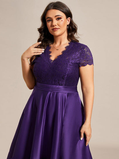 pretty HARLEY|Plus Size V-neck Lace Bodice A-line Cocktail Dress with Pockets