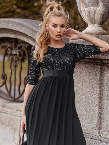 ever FLORENCE|Sequin Round Neckline Dress with Chiffon
