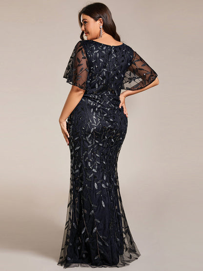 pretty DIONE|Fashion Plus Size V Neck Mermaid Sequin & Tulle Evening Dress