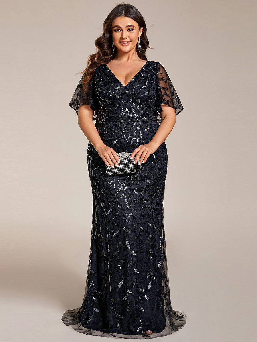 pretty DIONE|Fashion Plus Size V Neck Mermaid Sequin & Tulle Evening Dress