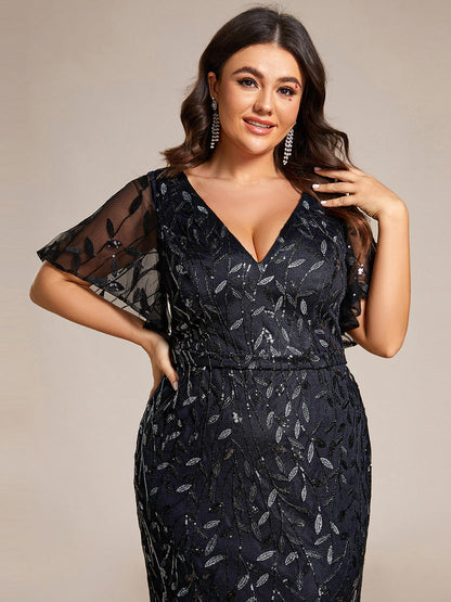 pretty DIONE|Fashion Plus Size V Neck Mermaid Sequin & Tulle Evening Dress