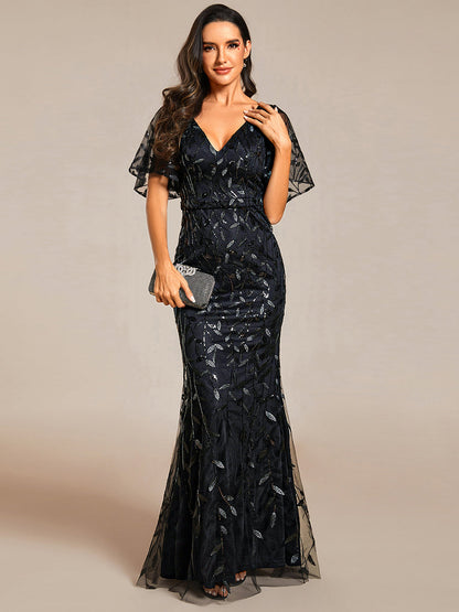 ever DIONE|Gorgeous V Neck Leaf-Sequined Fishtail Party Dress