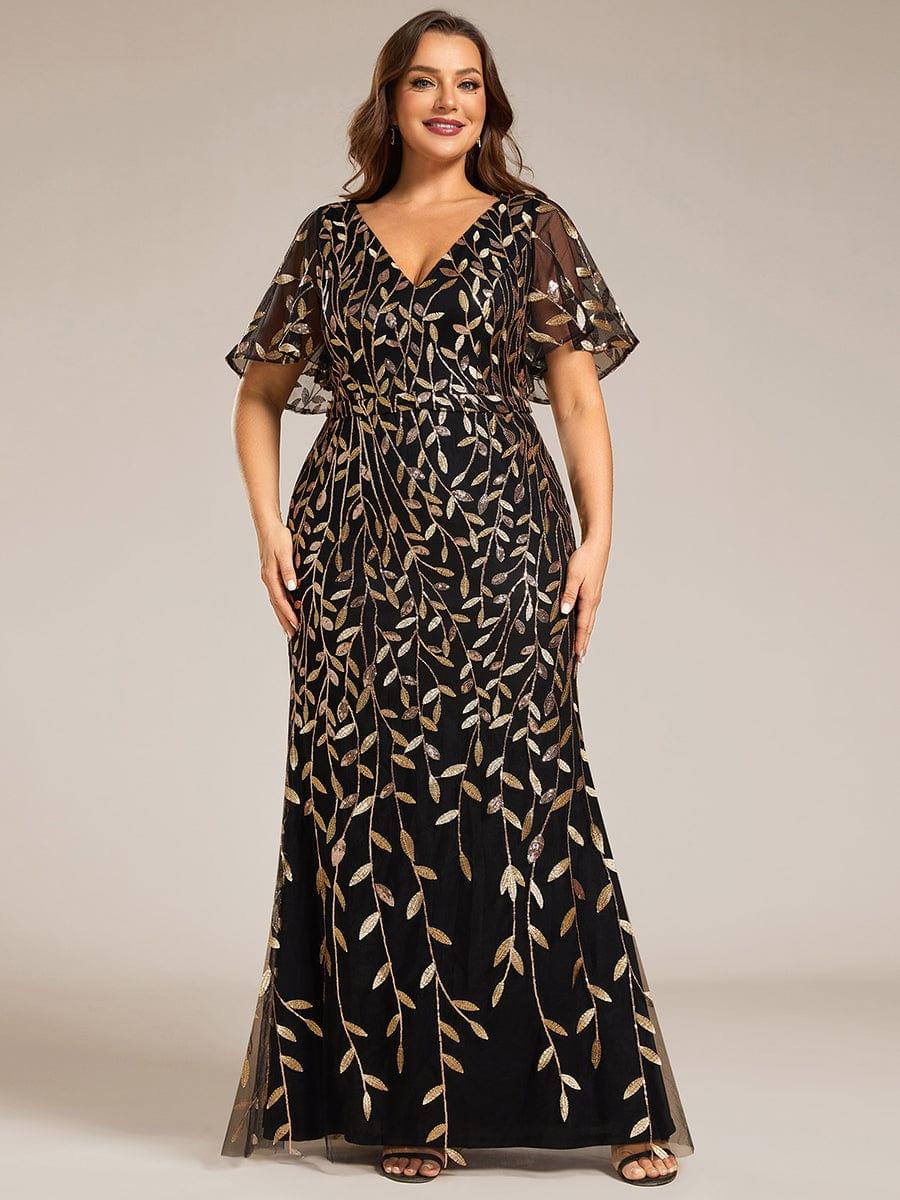 pretty DIONE|Fashion Plus Size V Neck Mermaid Sequin & Tulle Evening Dress