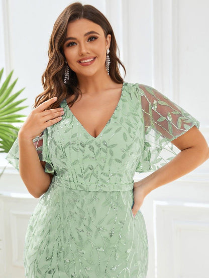 pretty DIONE|Fashion Plus Size V Neck Mermaid Sequin & Tulle Evening Dress