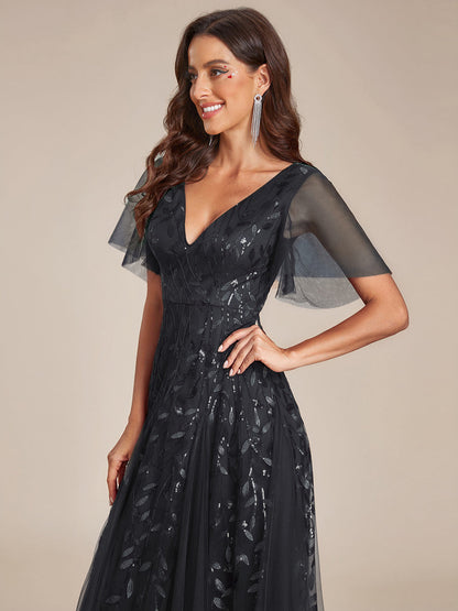 ever ASTRAL|Elegant Ruffle Sleeves Maxi Sequin Mother of the Bride Dress
