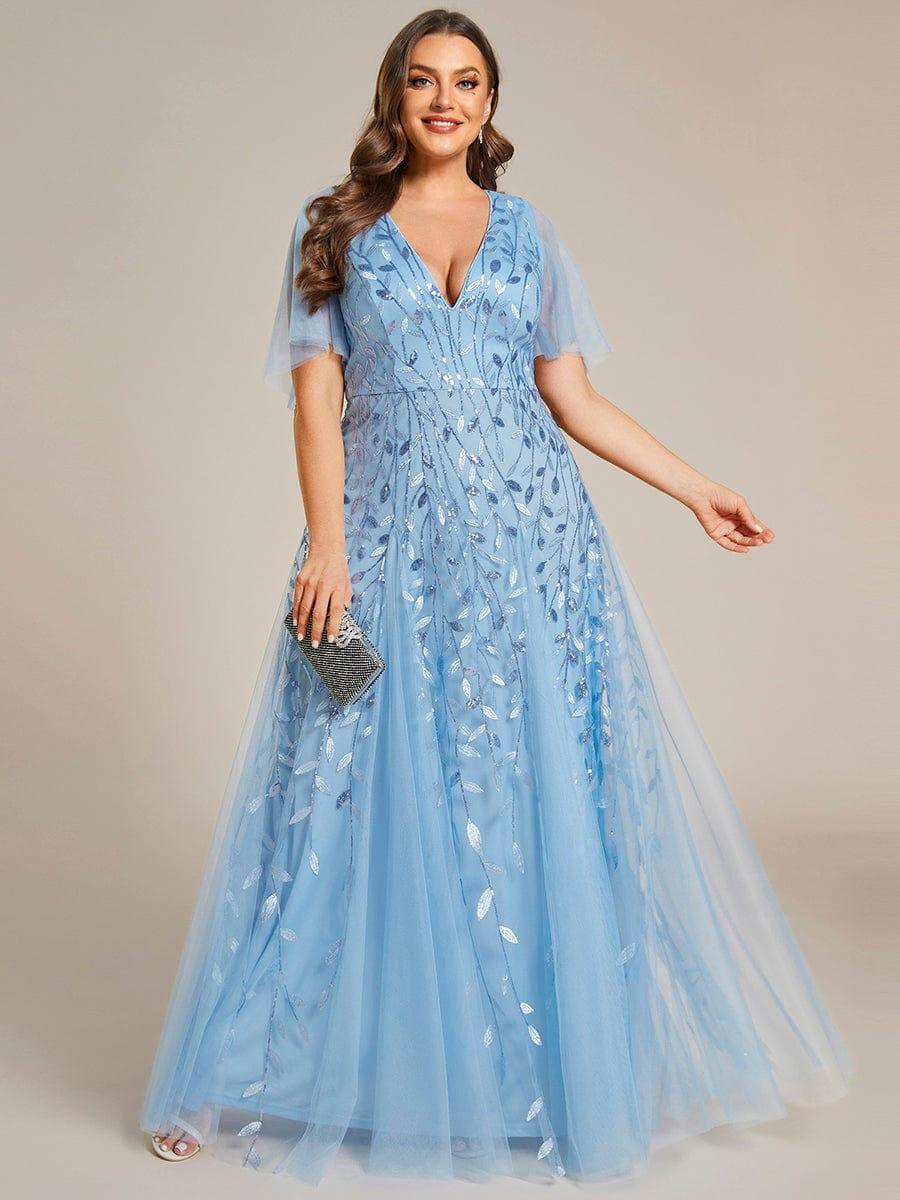 ever ASTRAL|Elegant Ruffle Sleeves Maxi Sequin Mother of the Bride Dress