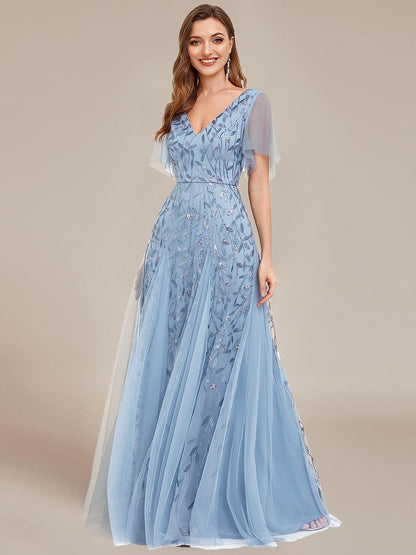 ever ASTRAL|Ruffle Sleeves Leaf Sequin Maxi Bridesmaid Dress