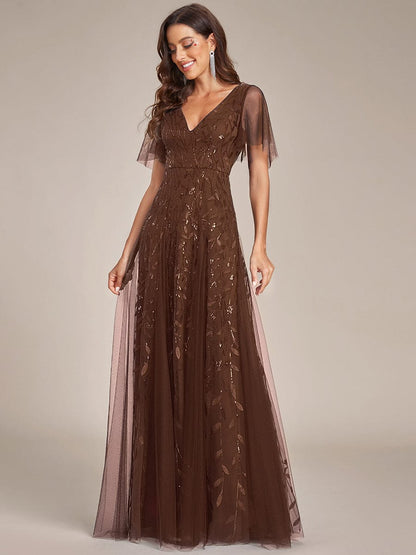 ever ASTRAL|Ruffle Sleeves Leaf Sequin Maxi Bridesmaid Dress