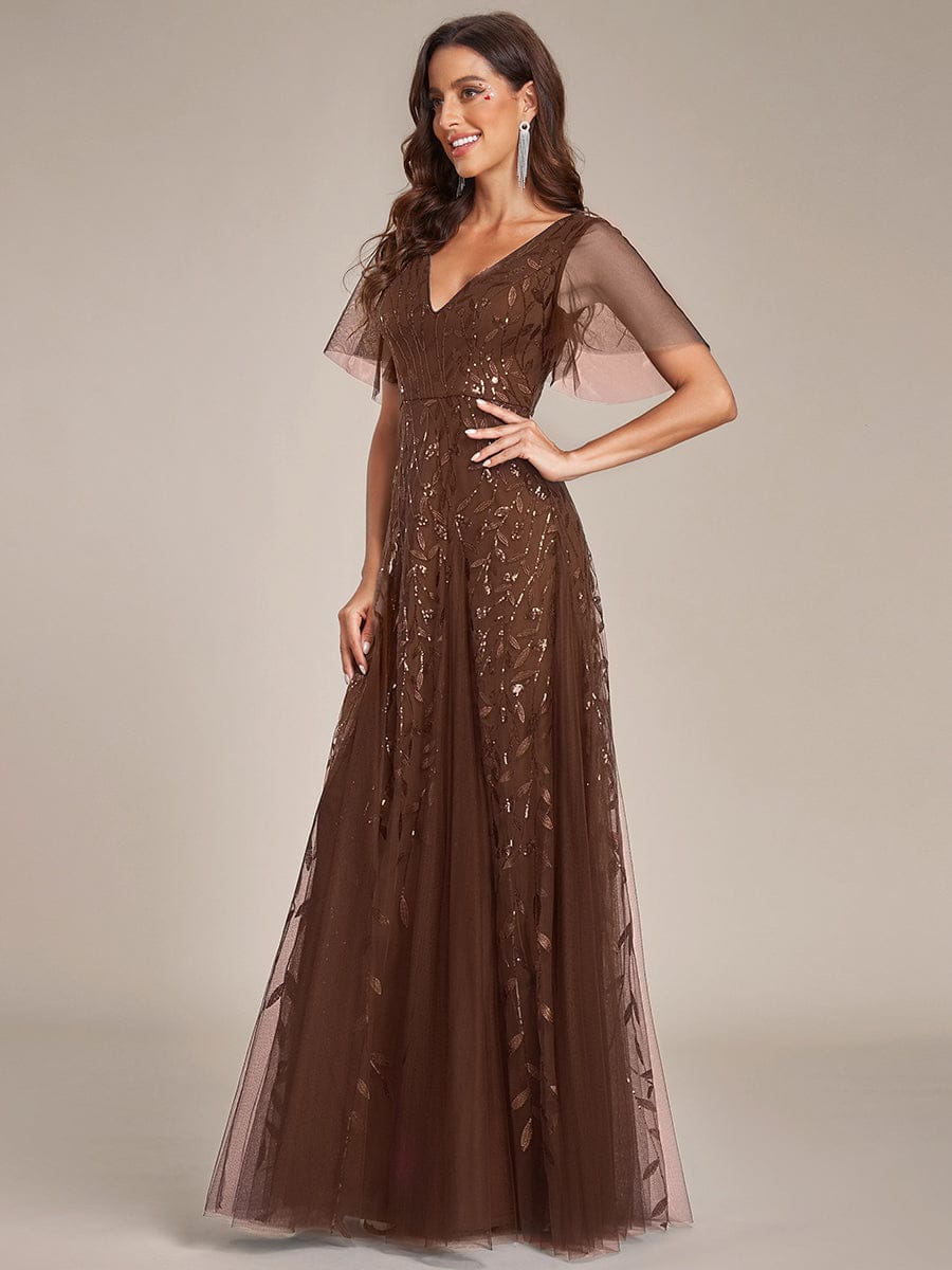 ever ASTRAL|Ruffle Sleeves Leaf Sequin Maxi Bridesmaid Dress