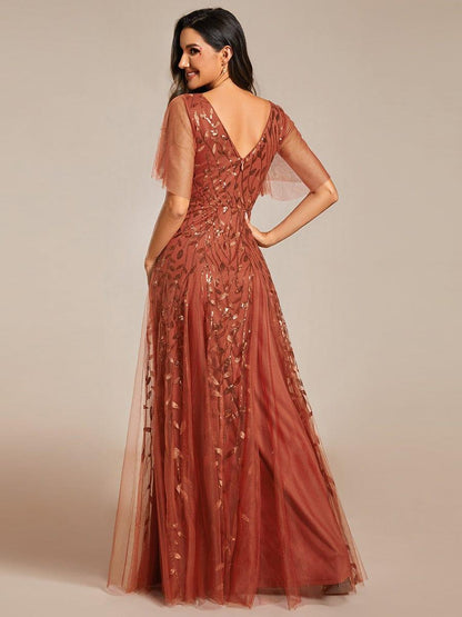 ever ASTRAL|Elegant Ruffle Sleeves Maxi Sequin Mother of the Bride Dress