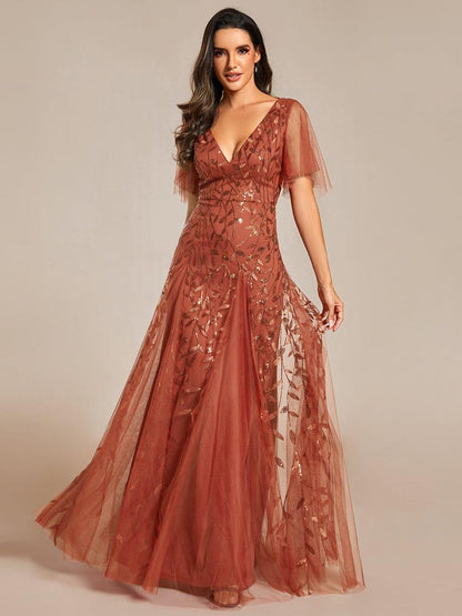 ever ASTRAL|Ruffle Sleeves Leaf Sequin Maxi Bridesmaid Dress