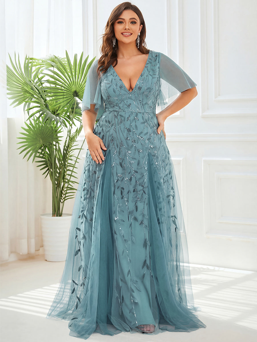 ever ASTRAL|Elegant Ruffle Sleeves Maxi Sequin Mother of the Bride Dress