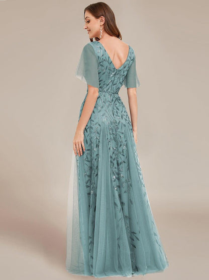 ever ASTRAL|Elegant Ruffle Sleeves Maxi Sequin Mother of the Bride Dress